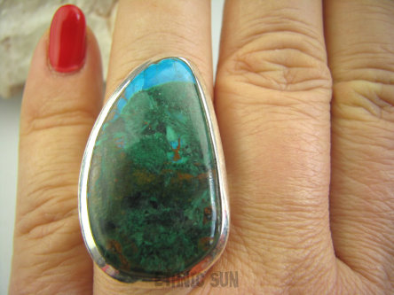 bpe4484 Niesamowity CUD NATURY Duży 16 g front 3,5 cm/ 2.1 cm Pierścień naturalna CHRYZOKOLA I AZURYT r.21 Srebro 925 #