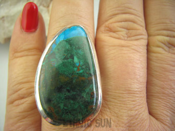 bpe4484 Niesamowity CUD NATURY Duży 16 g front 3,5 cm/ 2.1 cm Pierścień naturalna CHRYZOKOLA I AZURYT r.21 Srebro 925 #