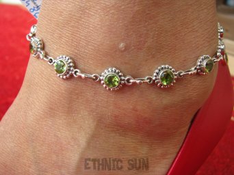 bb3486 Fenomenalna SEXI Z NATURALNYMI OLIWINAMI Duża 16/17 gramów !!! Regulowana Bransoleta z oliwinami na Nogę na Kostkę Oliwin Perydot SREBRO 925 #