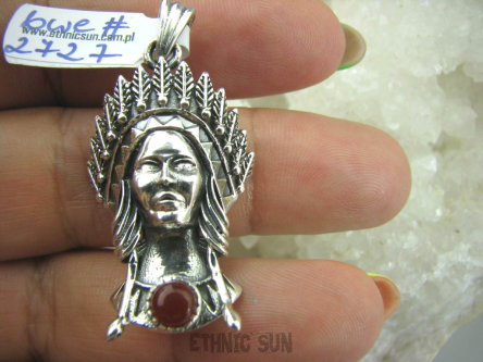 bwe2727 UNIKAT Niesamowity Wisior INDIANKA symbol Zwycięstwa , Wiedzy, Wolności i Natury Czerwony Onyks SREBRO 925 #