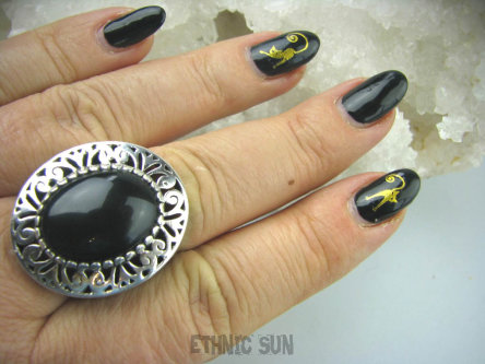 bpe5559 BAŚNIOWY KLEJNOT - Piękny Duży Pierścień ONYKS -  regeneruje SERCE, EGZEMY, PAMIĘĆ r.21/ r.22 SZEROKA OBRĄCZKA Srebro 925 #