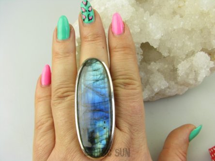 bpe8900 MAX BLASK Kolekcjonerski 29G Długi 6.3 cm! Klasyczny Pierścień Pierścionek Labradoryt Spektrolit - kamień zorzy polarnej r.23 Srebro 925 #