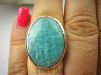 bpe6448 LAZUROWA AMAZONKA !!! CUDOWNY Klasyczny Pierścień Amazonit - Kamień Marzeń i realizacji r.14/ r.15 lśniące Srebro 925 #