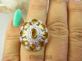bpee4141 Lśniąca Kopuła Piękny Pierścień Pierścionek złociste  Cytryny, Cytryn oraz Cyrkonie r.18/ r.19 SREBRO RODOWANE 925 #