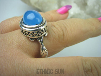 bpe5503 Cudny Wysoki PIERŚCIEŃ Niebiesko Błękitny CHALCEDON - czakra gardła r.24 Duży Rozmiar Srebro 925 #