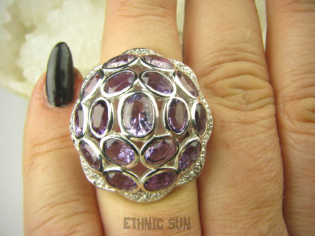 bpee4102 DUŻY naprawdę Piękny Pierścień Pierścionek naturalny Fioletowy Ametyst, oraz Cyrkonie r.18 SREBRO RODOWANE 925 #