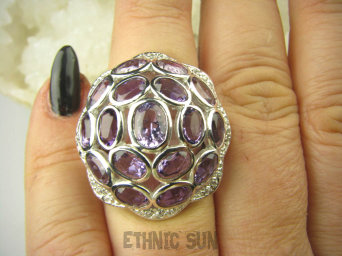 bpee4102 DUŻY naprawdę Piękny Pierścień Pierścionek naturalny Fioletowy Ametyst, oraz Cyrkonie r.18 SREBRO RODOWANE 925 #