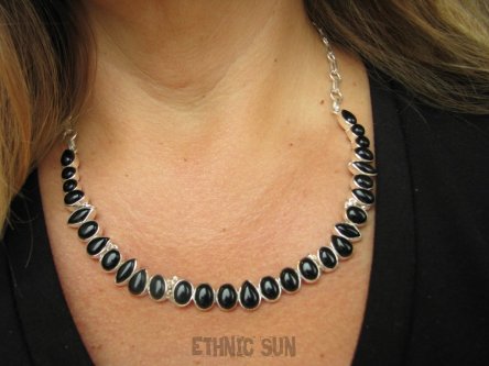 bn1486 Piękna CZARNULKA 36/37 g !!! Regulowana Kolia z Onyksami, Naszyjnik Czarny Onyks Srebro 925 #