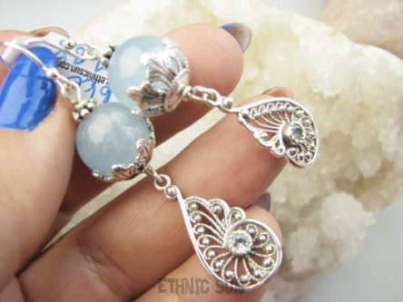 bkee1188 Ależ piękny wzór Lekkie 12g Długie 6 cm fenomenalne Ażurowe Kolczyki Agat Błekitny, Blue Topazy Srebro 925