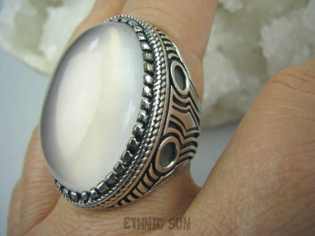 bpe5645 Niezwykły duży 3,4 cm 23 g Pierścień naturalny KWARC RÓŻOWY - kamień mocnego serca r.22/ r.23 szeroka zdobiona obrączka Srebro 925 #