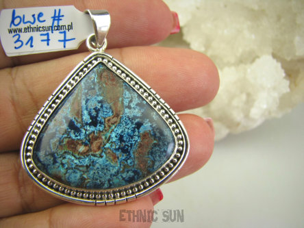 bwe3177 Piękny Egzotyczny Duży Wisior naturalny Niebiesko Granatowy AZURYT zdobione Srebro 925 #