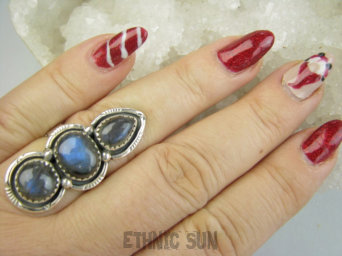 bpe5460 Biżuteria Orientalna -  Wielobarwne CUDO Długi 3.8 cm Pierścień Pierścionek Labradoryt Spektrolit kamień Zorzy Polarnej r.17 Srebro 925 #