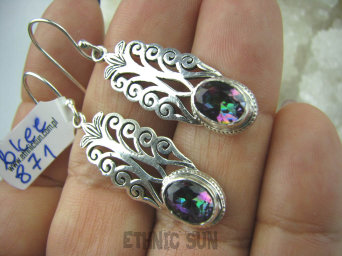 bkee871 LIŚĆ PAPROCI !!!! Długie 4.4 cm i LEKKIE Ażurowe Kolczyki Mystic Topaz Srebro 925