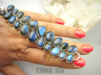 bb3762 XXXL KRÓLOWA NOCY !Duze mieniące się  okazy kamieni !!! Maxymalnie lśniąca DWURZĘDOWA Ogromna szeroka 56 gramów!!! WSPANIAŁA Bransoleta z Labradorytami Labradoryt Spektrolit Srebro 925 #