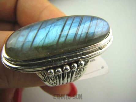 bpe4012 GRECKA BOGINI !!!! Duży Długi 3,9 cm OKAZ Pierścień  Niebiesko Seledynowy w paseczki Labradoryt Spektrolit - kamień Zorzy Polarnej r.18 Srebro 925 #