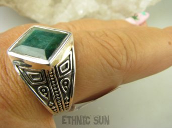 bpee4064 UNISEX DUŻY MĘSKI lub damski SYGNET Pierścień Pierścionek Szmaragd Indyjski Szmaragdy r.27 DUŻY ROZMIAR Srebro 925 #