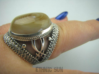 bpe5822 CUDOWNY UNIKAT Pierścień brązowy Wielobarwny Agat Brazylijski - Amulet chroniący zdrowie i życie r.17 Srebro 925 #