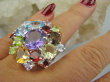 bpee4568 BOSKO PIĘKNA WIELOBARWNA ROZETA DUŻY OKAZ ! Pierścień Pierścionek naturalny Ametyst, Cytryn, Blue Topaz, Granaty, Kwarc Dymny, Oliwin r.18 SREBRO 925 # - 6