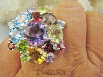 bpee4568 BOSKO PIĘKNA WIELOBARWNA ROZETA DUŻY OKAZ ! Pierścień Pierścionek naturalny Ametyst, Cytryn, Blue Topaz, Granaty, Kwarc Dymny, Oliwin r.18 SREBRO 925 #