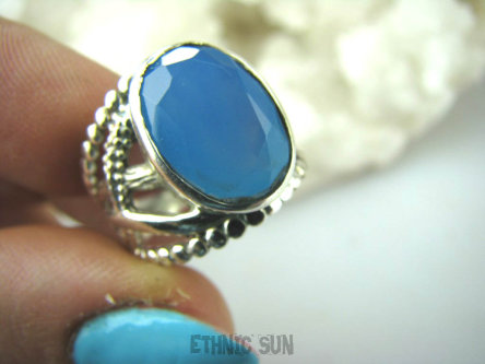 bpee3129 CUDOWNY  Pierścień szlifowany Chalcedon (tarczyca) CZAKRA GARDŁA r.14 ażurowa obrączka Srebro 925 #