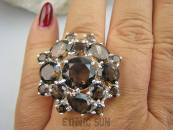 bpee4567 BOSKO PIĘKNA CZEKOLADOWA ROZETA DUŻY OKAZ ! Pierścień Pierścionek naturalny Kwarc Dymny r.18 SREBRO 925 #