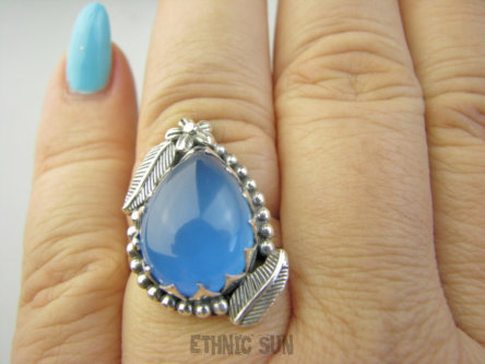 bpe9379 LANDRYNKA Piękny Egzotyczny Pierścień Pierścionek niebieski CHALCEDON czakra gardła (TARCZYCA) r.17 Srebro 925 #