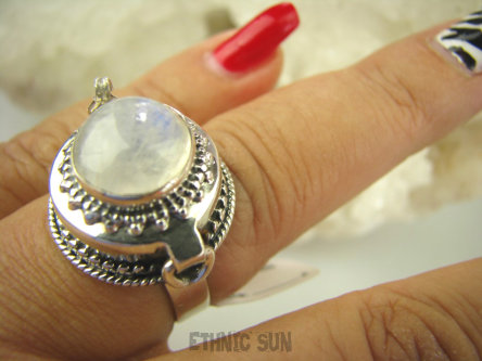 bpe8058 Biżuteria Orientalna Piękny Sekretnik UNIKAT !!! Otwierany Pierścień na zdjęcia Kamień Księżycowy r.15/ r.16 Srebro 925 #