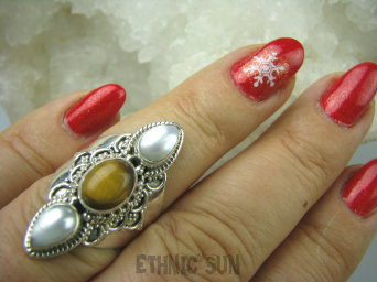 bpee2947 LŚNIĄCY Egzotyczny Pierścień hodowlane prawdziwe PERŁY PERŁA , naturalne Tygrysie Oko r.15 Srebro 925 #