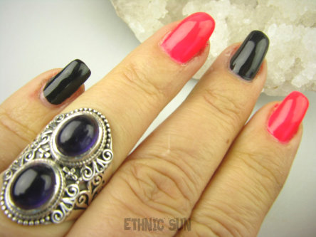 bpe8746 Egzotyczny Pierścień z AMETYSTAMI AMETYST - kamień mądrości (ochrona, spokój umysłu, rozwój duchowy) r.15 Srebro 925 #