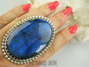 bpe9726 Kolekcjonerski KRÓL OLBRZYM 6.2 cm GIGANT 42 gramy !!! Egzotyczny Regulowany Pierścień Labradoryt Spektrolit - kamień Zorzy Polarnej r.19, r.20, r.21, r.22, r.23, r.24 Srebro 925 #