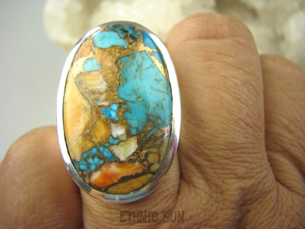 bpe7819 Wielobarwna Ostryga Klasyczny Pierścień OSTRYGOWY TURKUS MIEDZIANY Turkus OSTRYGA Muszla złota MIEDZ r.18/ r.19 Srebro 925 #