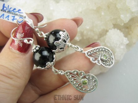 bkee1170 CUDOWNIE TANCERKI !!! Lekkie 11g Długie  6 cm Piękne Ażurowe Kolczyki Obsydian Złocisty, Oliwin Perydot Srebro 925