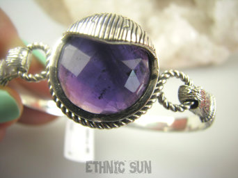 bb3728 NOWOŚĆ !!! Pięknie zdobiona OTWIERANA BRANSOLETA 31 g Bransoletka Bangla z możliwością odpinania na szczuple dłonie Ametyst Srebro 925 #