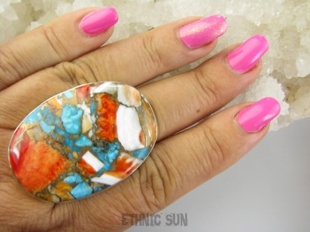 bpe9257 Wielobarwny Gigant 4,6cm/ 3,3cm Pierścień 23G !OSTRYGOWY TURKUS MIEDZIANY TOSTRYGA Muszla złota MIEDZ r.20/ r.21 Srebro 925 #