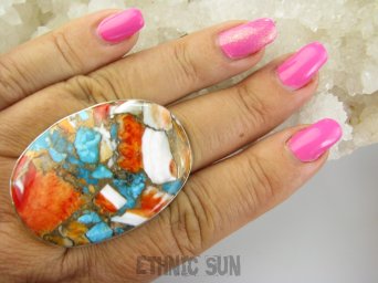 bpe9257 Wielobarwny Gigant 4,6cm/ 3,3cm Pierścień 23G !OSTRYGOWY TURKUS MIEDZIANY TOSTRYGA Muszla złota MIEDZ r.20/ r.21 Srebro 925 #