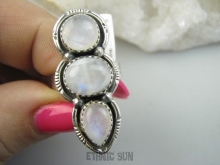 bpe9541 Orientalna Piękność Długi 3.8 cm cudownie zdobiony Pierścień Pierścionek Kamień Księżycowy r.16/ r.17 Srebro 925 #