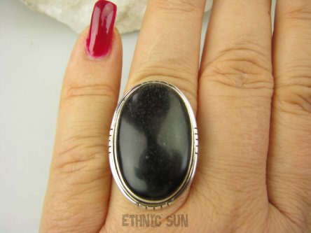 bpe8632 Cudowny Pierścionek Pierścień srebrzysty OBSYDIAN CZARNY - chroni przed zawiścią, „złym spojrzeniem” i przed pechem r.19 Srebro 925 #