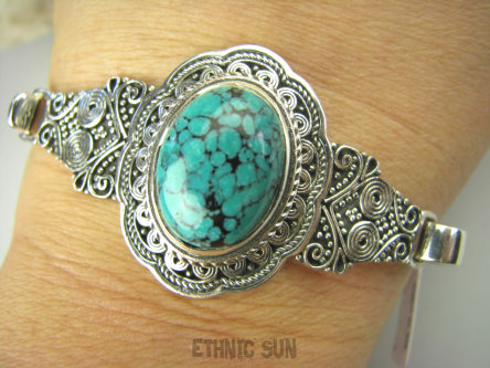 bb3119 Fenomenalna mocno zdobiona BRANSOLETA Bangla z możliwością odpinania naturalny Turkus  cudo Turkusy Srebro 925 #