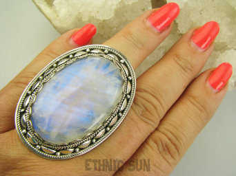 bpe9728 NIEZIEMSKI OKAZ 29 GRAMÓW !!! Egzotyczny Długi 5 cm Regulowany Pierścień Pierścionek Kamień Księżycowy r.15, r.16, r.17, r.18  orientalne Srebro 925 #