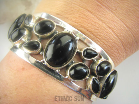 bb3727 Woow ależ piękna Królowa Nocy !!! Szeroka Duża 43g  Otwarta Bransoleta z Onyksami aż 21 sztuk ONYKS Srebro 925 #