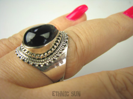 bpe6856 Śliczny Orientalny Delikatny Pierścień czarny ONYKS regeneruje SERCE, EGZEMY, PAMIĘĆ r.19 Srebro 925