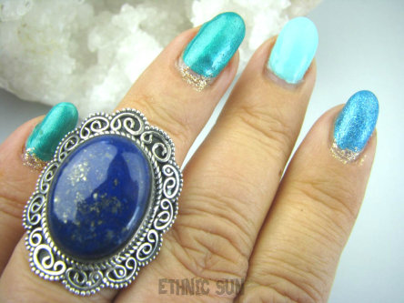 bpe5853 Egzotyczna Piękność !!! Orientalny Piękny Klejnot Pierścień z królewskim Chabrowy Lapis Lazuli - strażnik prawdy i mądrości r.13 Srebro 925 #