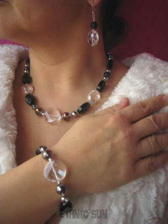 bn216  Błyszcząca Czarnulka !!!Elegancki Lśniący Naszyjnik Kolczyki  Agat Antyczny Sardonyks Kryształki Swarovski Srebro 925