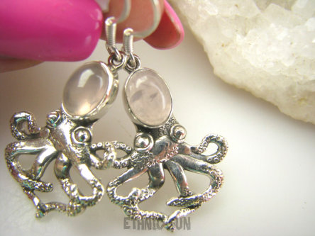 bke1154 Figlarne i przepiękne Ośmiorniczki cudowne kolczyki Ośmiornica - symbolizuje kreatywność, Kwarc Różowy SREBRO 925