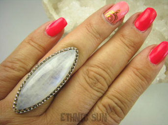 bpe7830 BIŻUTERIA EGZOTYCZNA Magiczny Długi 4,4 cm DUŻY Pierścień Okaz Biało Chabrowy Kamień Księżycowy r.16 orientalne Srebro 925 #