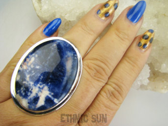 bpe9663 Niezwykły GIGANT 29g ! Klasyczny Regulowany Pierścień Pierścionek Granatowy SODALIT - DOBRA PRZEMIANA MATERII r.17, r.18, r.19, r.20, r.21 Srebro 925 #