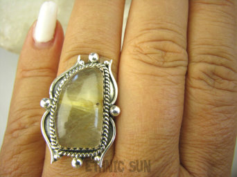 bpe8127 FINEZYJNY Pierścień KWARC z RUTYLEM ZŁOTE włosy WENUS w zachwycającej oprawie r.19 SREBRO 925 #