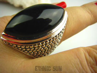 bpe2384 Niezwykły OKAZ Masywny Pierścień naturalny CZARNY ONYKS SERCE, EGZEMY,PAMIĘĆ r.18 Srebro 925 #