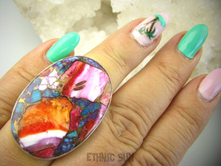 bpe8931 Boski Wielobarwny OKAZ Pierścień Pierścionek OSTRYGOWY TURKUS MIEDZIANY Mojave OSTRYGA Muszla złota MIEDZ r.14 Srebro 925 #