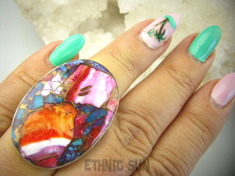 bpe8931 Boski Wielobarwny OKAZ Pierścień Pierścionek OSTRYGOWY TURKUS MIEDZIANY Mojave OSTRYGA Muszla złota MIEDZ r.14 Srebro 925 #